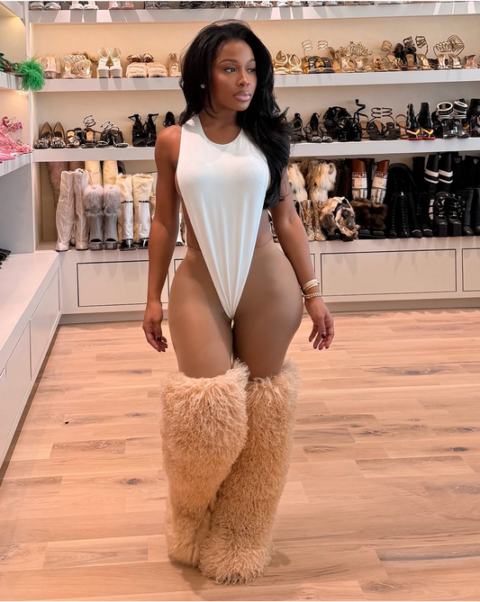 Nude Fluff Thigh High Boots