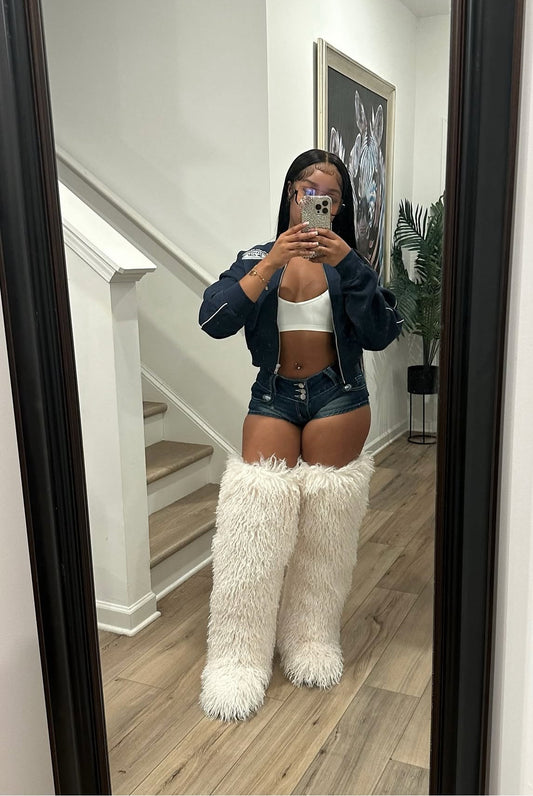 White Fluff Thigh High Boots